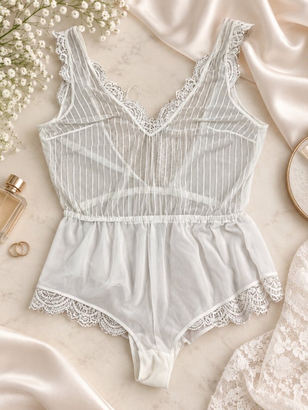 Auden White Sheer Lace Mesh Teddy Bodysuit Lingerie Romper XL